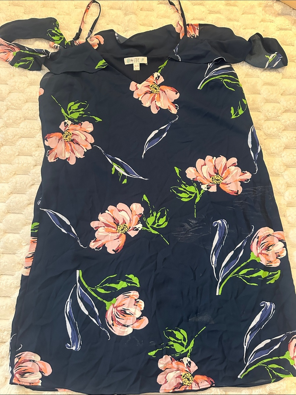 love, Fire Navy Off-Shoulder Mini Dress with Pink Floral Print